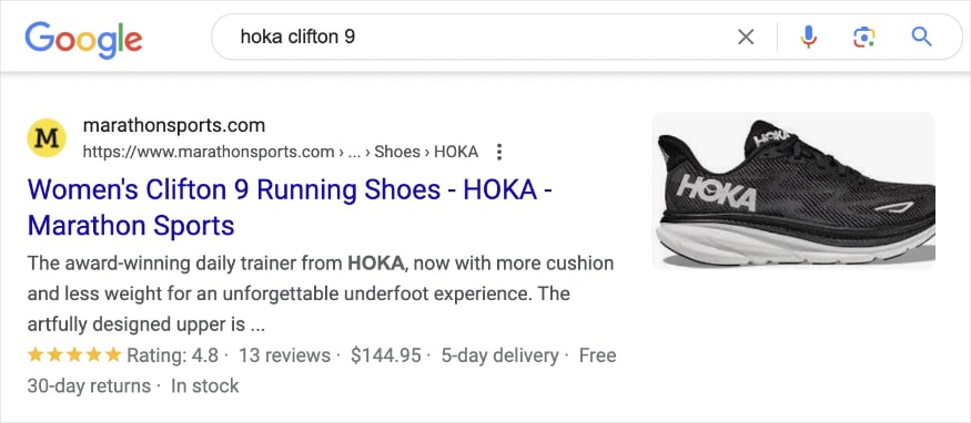 Rich snippet on the serp for the search query hoka clifton 9.