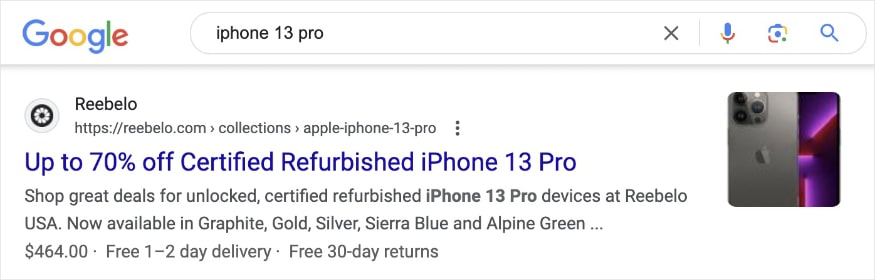 Rich snippet in Google search results for the query iphone 13 pro shows a result from Reebelo.