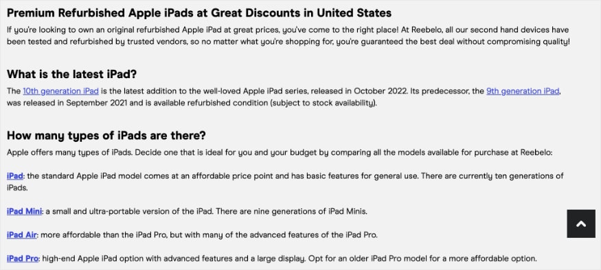 Reebelo's Apple iPad PLP compares different iPads in the collection.