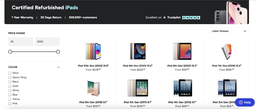 Product listing page for refurbished Apple iPads on Reebelo.