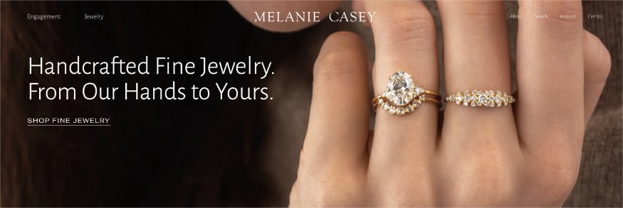 Melanie Casey homepage, a fine jewelry eCommerce.