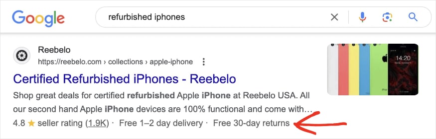 Product snippet for the Google query refurbished iphones shows a rich result from Reebelo.