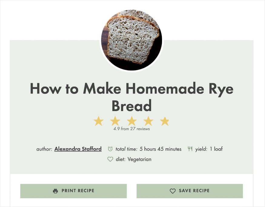 Recipe card for how to make homemade rye bread.