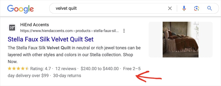 Review snippet for the query velvet quilt shows a result from HiEnd Accents with custom ratings, reviews, price, and shipping info.