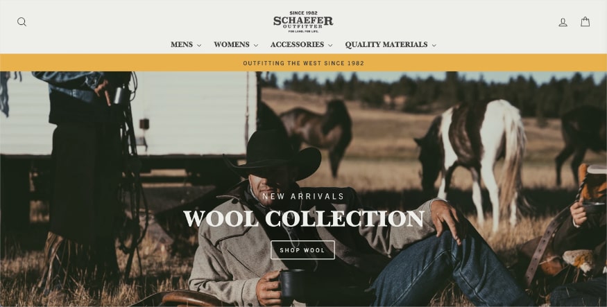 Schaefer Outfitter homepage, a Western ranch apparel manufacturer.