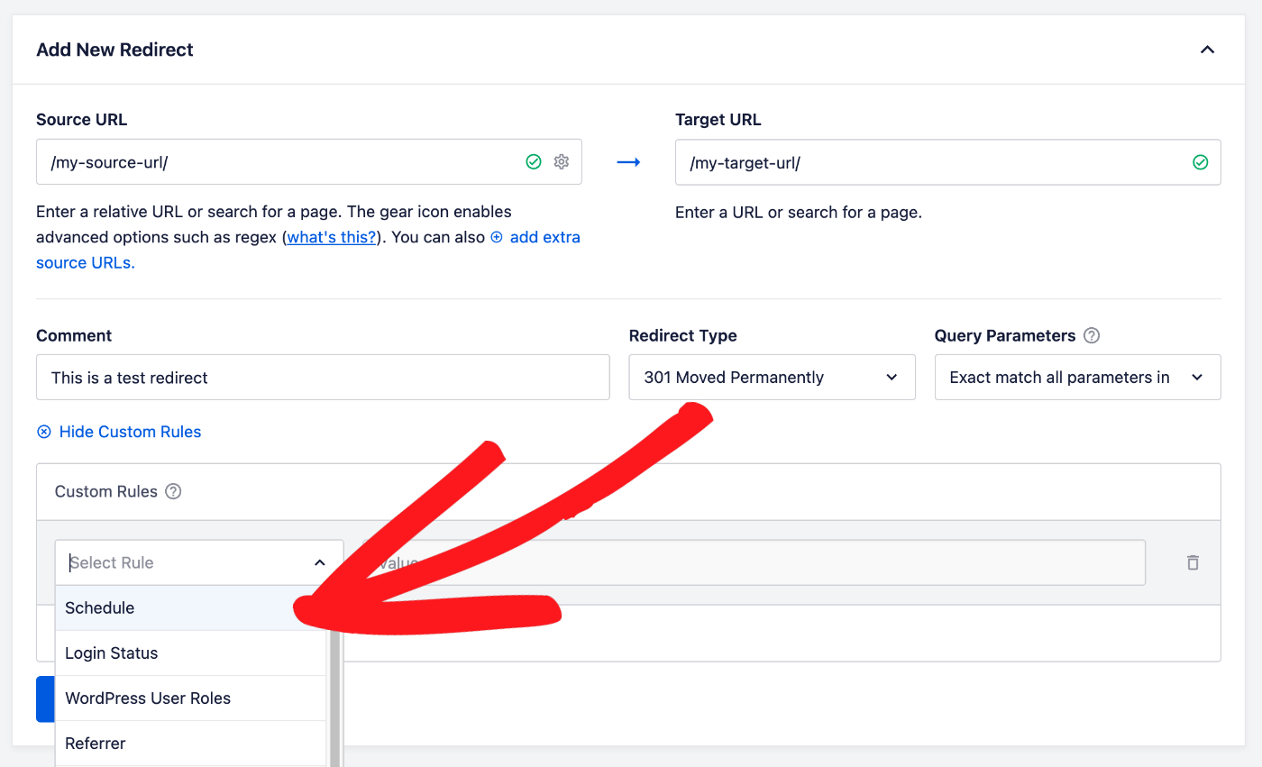 Opção de agendamento mostrada no menu suspenso Selecionar Regra