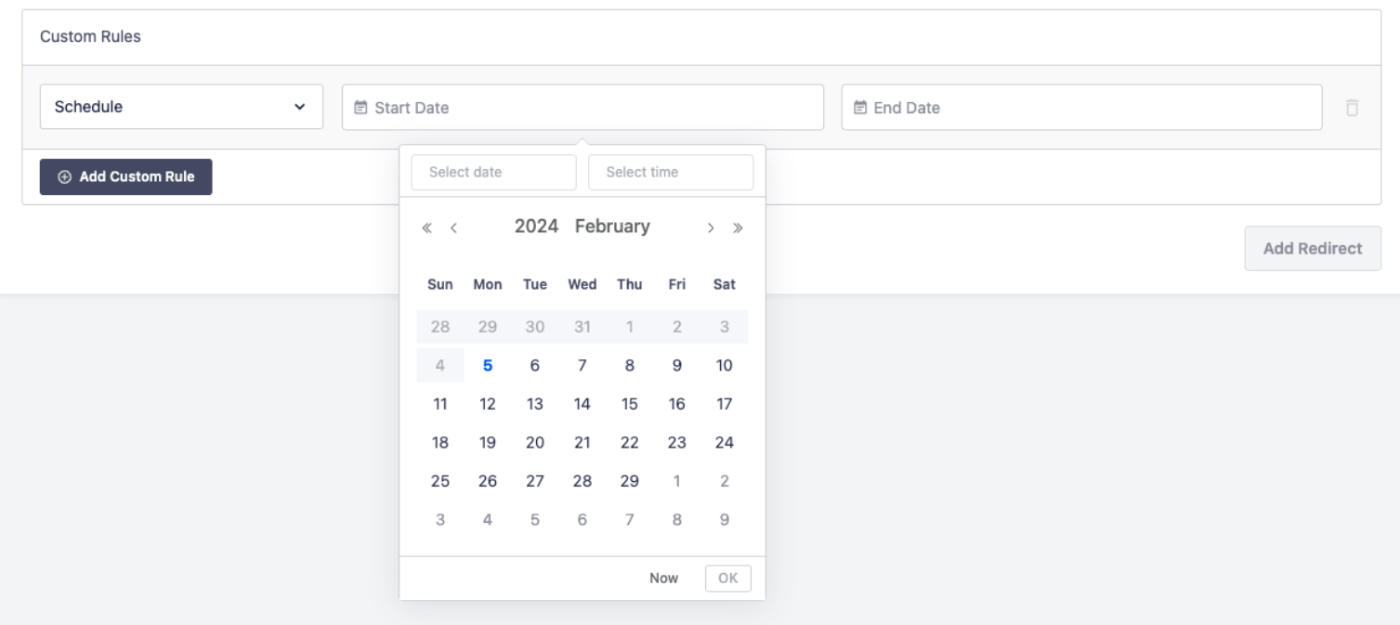 Start Date and End Date fields for scheduling a redirect
