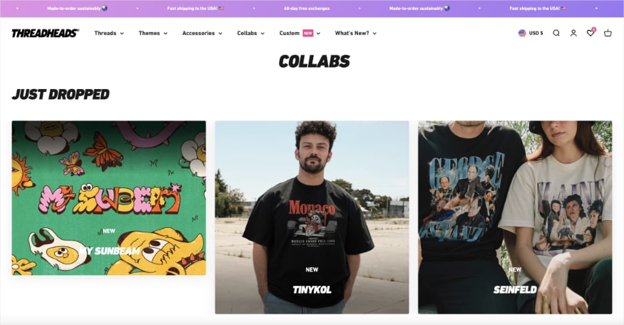Latest collaborations for Threadheads include brands like Seinfeld and Tinykol.