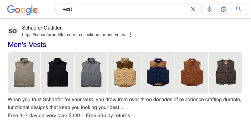 Rich result on Google's SERP for the query vest shows men's vests from Schaefer Outfitter.