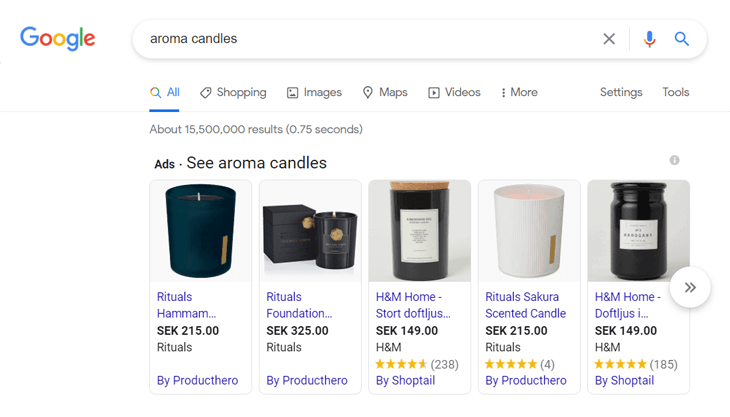 Example of product rich snippets on Google for aroma candles