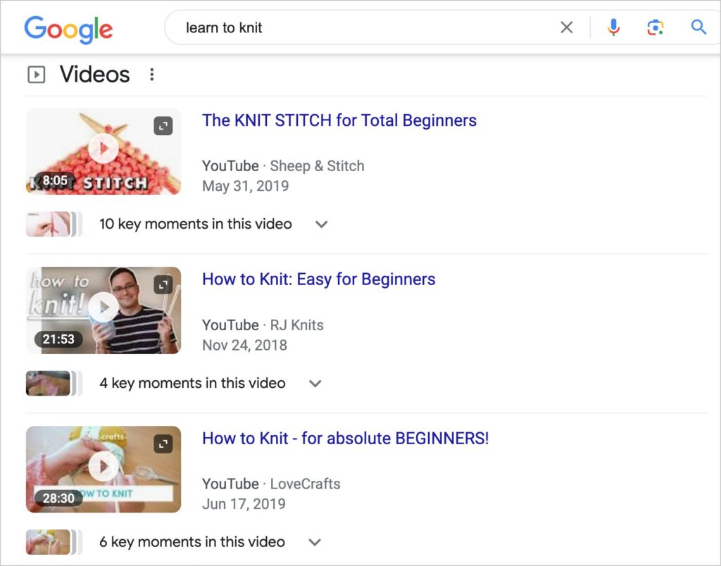 example of videos in search results