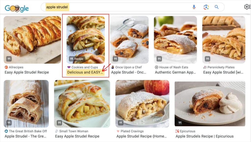 example of search results for apple strudel