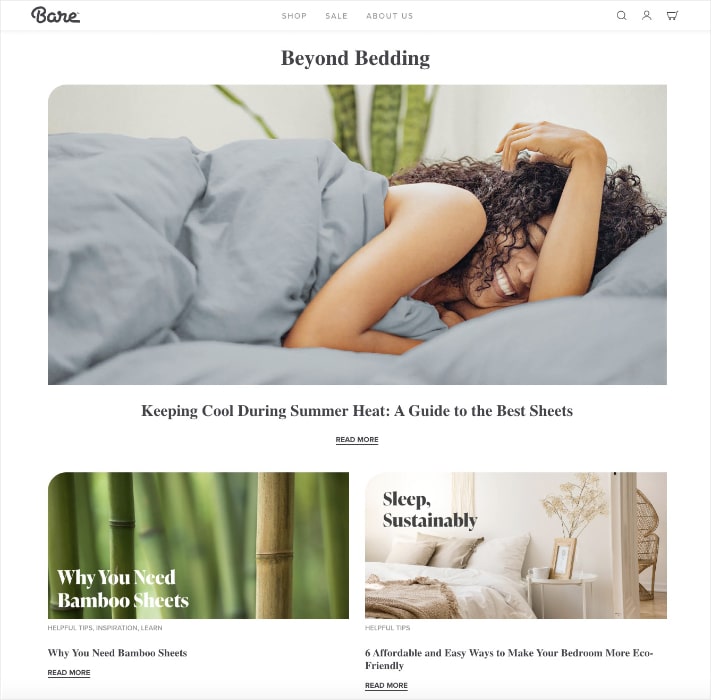 Bare Home blog shows three articles about bedding.