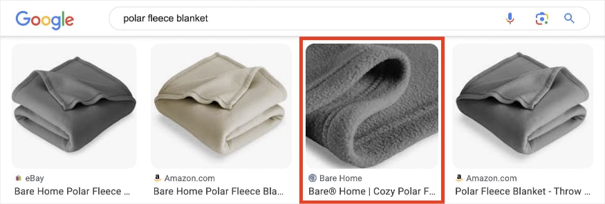 Bare Home's fleece blanket image is ranking in Google images for the query polar fleece blanket.