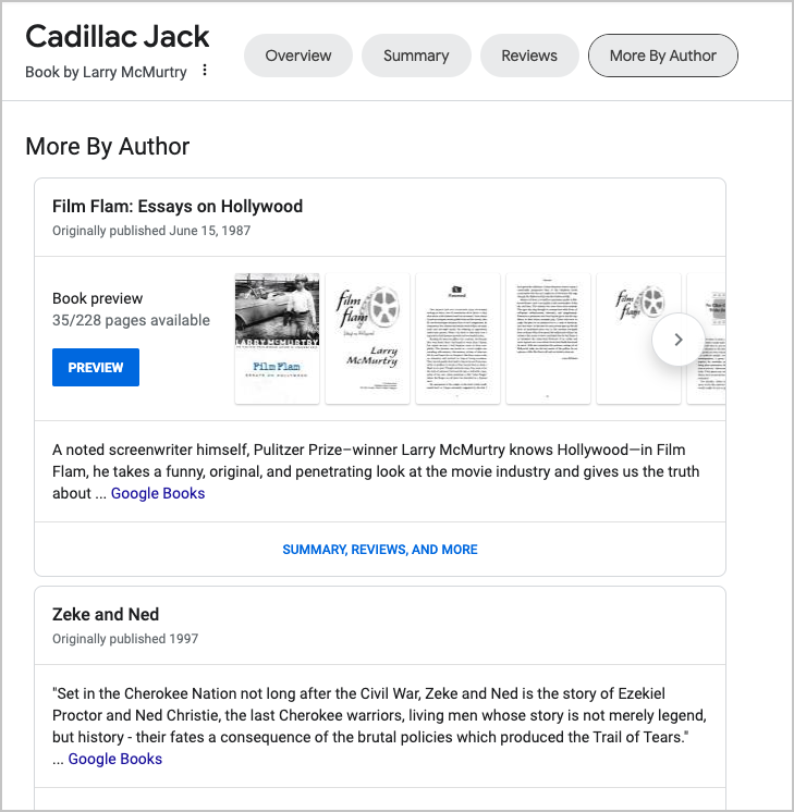 cadillac jack larry mcmurty example of book rich snippets