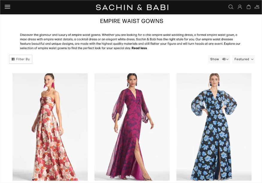 Empire waist gowns collection page on Sachin & Babi's website.