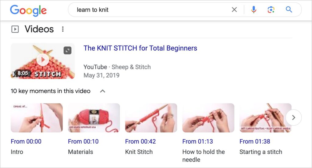 example of youtube key moments in search results