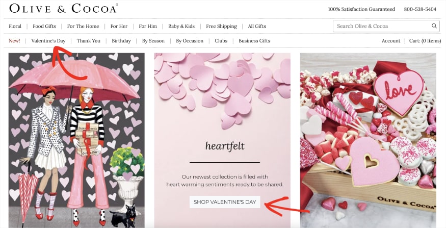 Olive and Cocoa's February homepage has hearts, sweets, and a lot of pink.