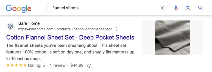 Product review snippet on the serp for the query flannel sheets shows a 5 star rating.