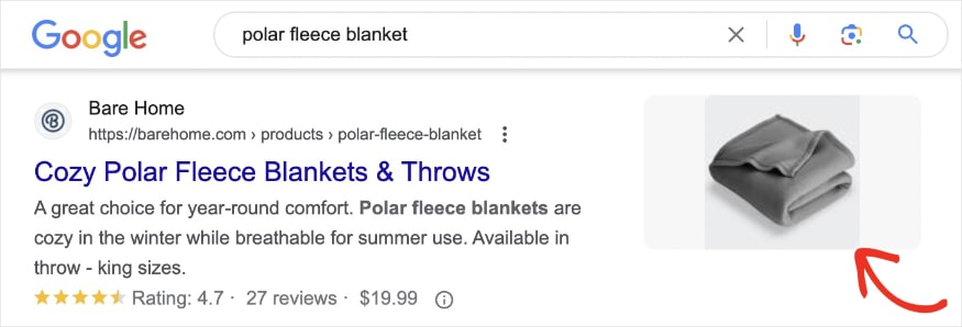 Product review snippet shows image of a grey fleece blanket. 