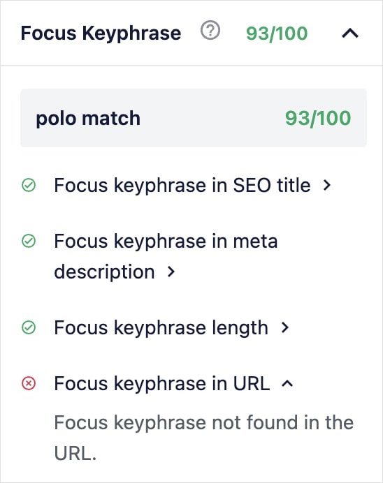 Focus keyphrase checklist gives actionable items to improve your content's SEO.