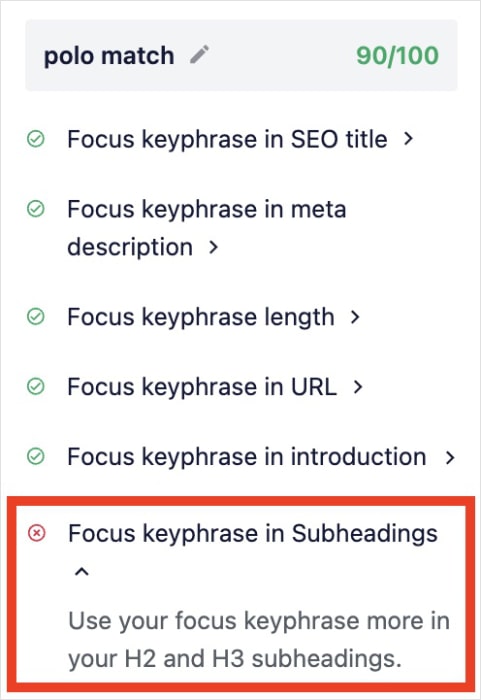 Focus keyphrase checklist for a polo match page shows we forgot our keyword in subheadings.