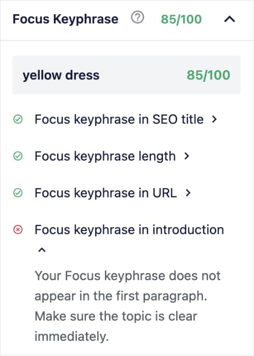 Focus keyphrase checklist shows that we forgot our primary keyword in the introduction.