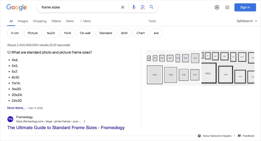 Featured snippet on Google for the query frame sizes shows bullet point list of dimensions and images. 