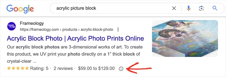 Google review snippet for the query acrylic picture block shows a 5 star rating.