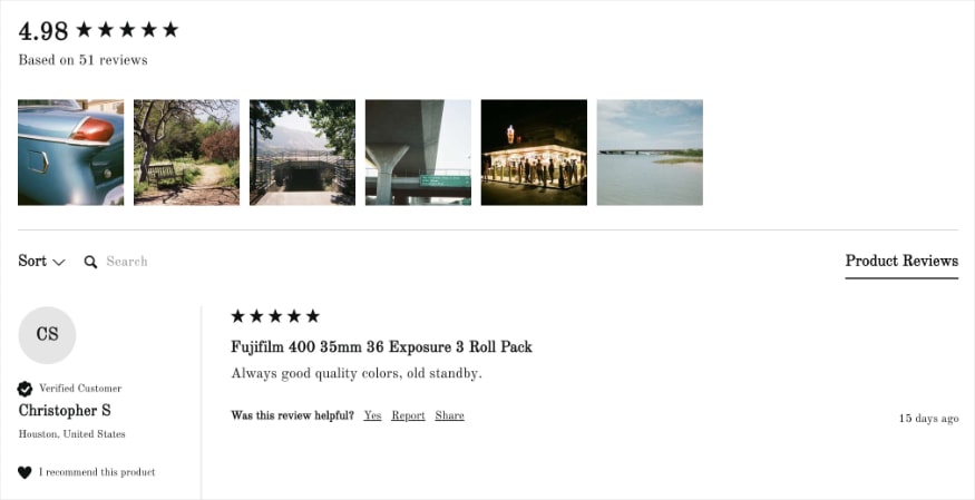 Fujifilm 400 reviews on a Reformed Film Lab's product page. 
