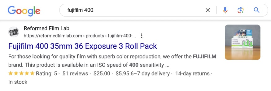 Review snippet on the SERP for the query Fujifilm 400 shows 5 star rating. 