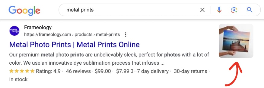 Google rich result for the query metal prints shows a Frameology web page with image.