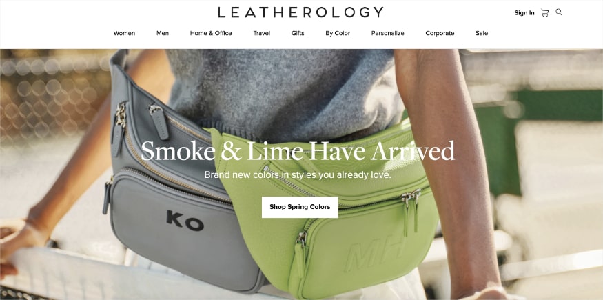 Leatherology homepage, a leather goods and accessories eCommerce.