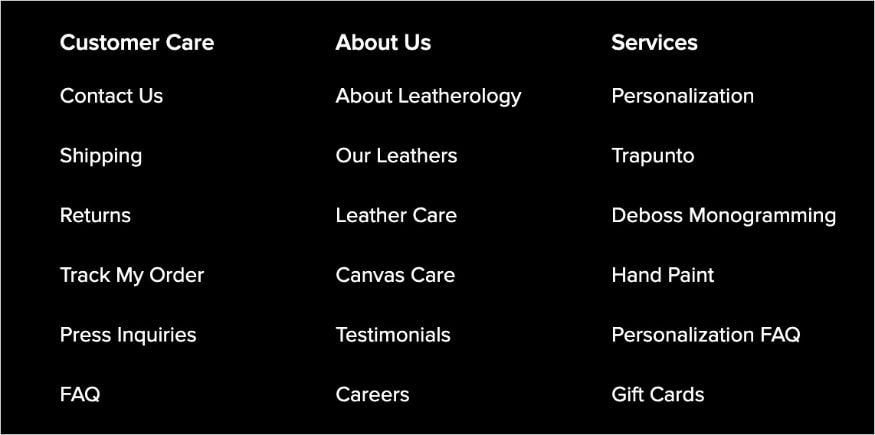 Leatherology sitemap footer shows links to the website's most important pages.