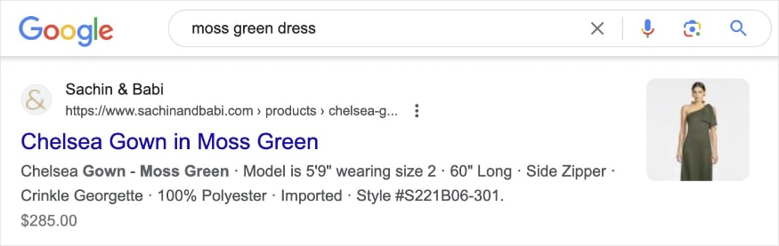 Product snippet on the SERP for the search query moss green dress.