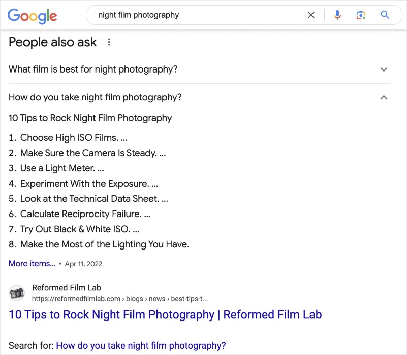 Google search results for night film photography shows 8 steps in the people also ask results.