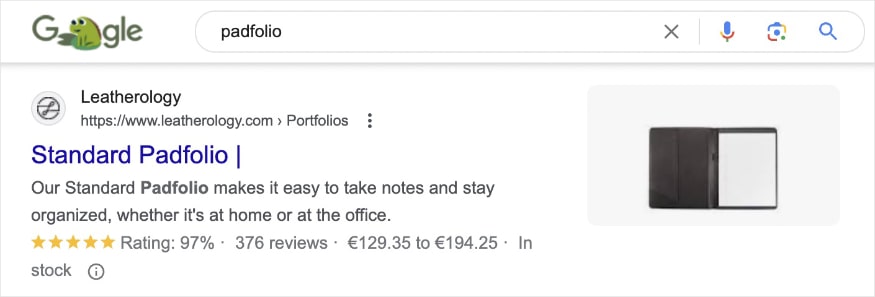 Review snippet on serp for the query padfolio shows a 97% star rating out of 376 reviews.