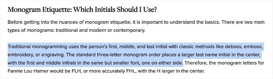 Text from Leatherology's monogram etiquette blog explains how monogram letters are chosen.