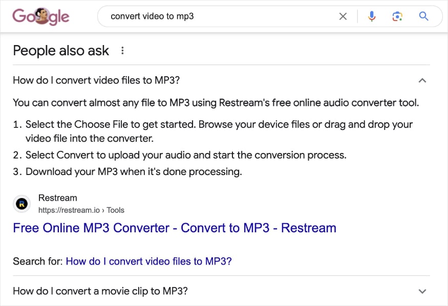 People also ask result shows steps for converting video files to MP3.