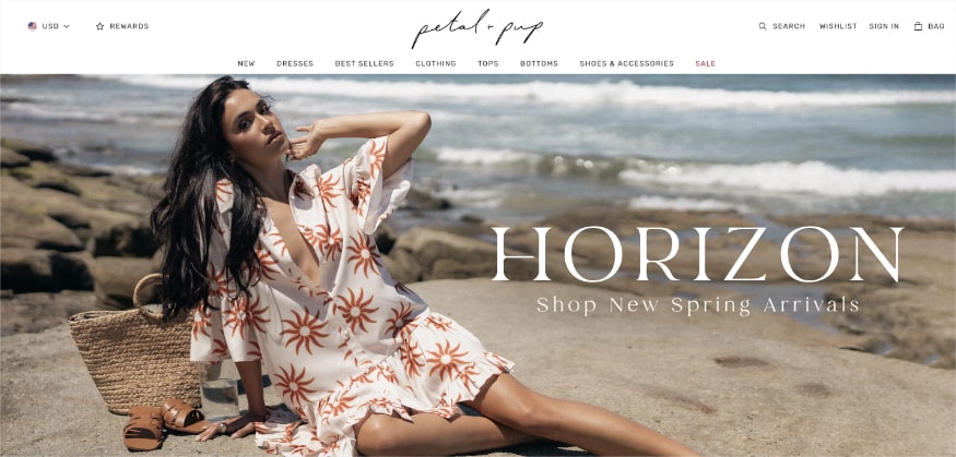 Petal and pup homepage, an women's fashion brand.