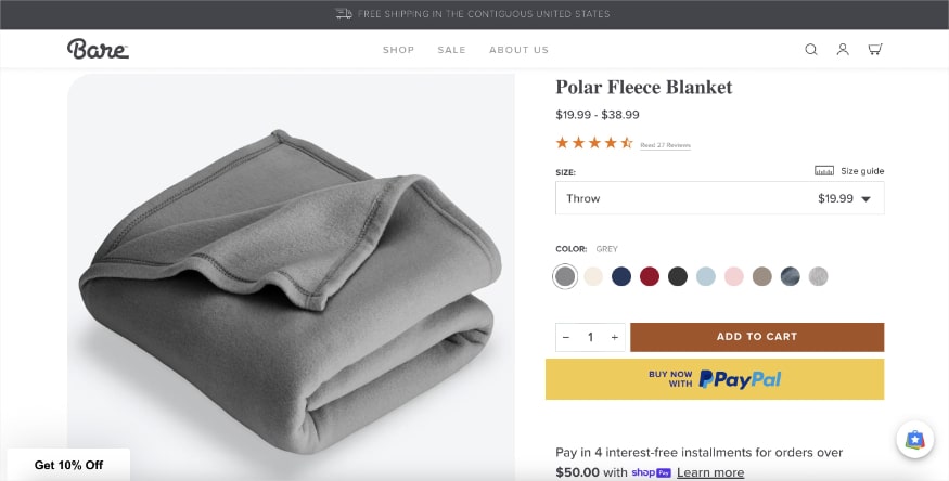 Landing page for a polar fleece blanket in several colors.