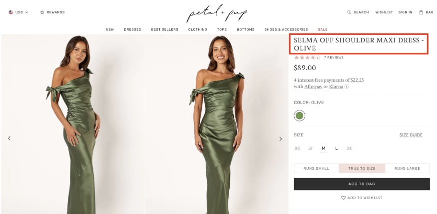 Petal and pup product page for the selma off shoulder maxi dress in olive.