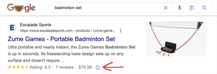 Product review snippet shows 4.3 star rating for a badminton set.
