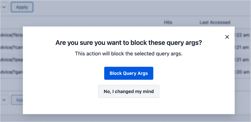 Modal for confirming blocking query args.