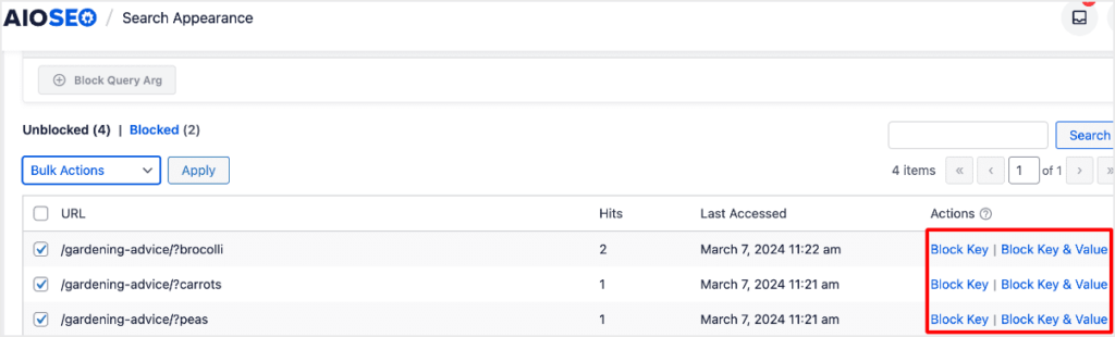 Blocking query args using action buttons.