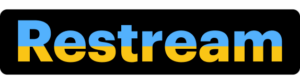 Restream logo with blue and yellow text.