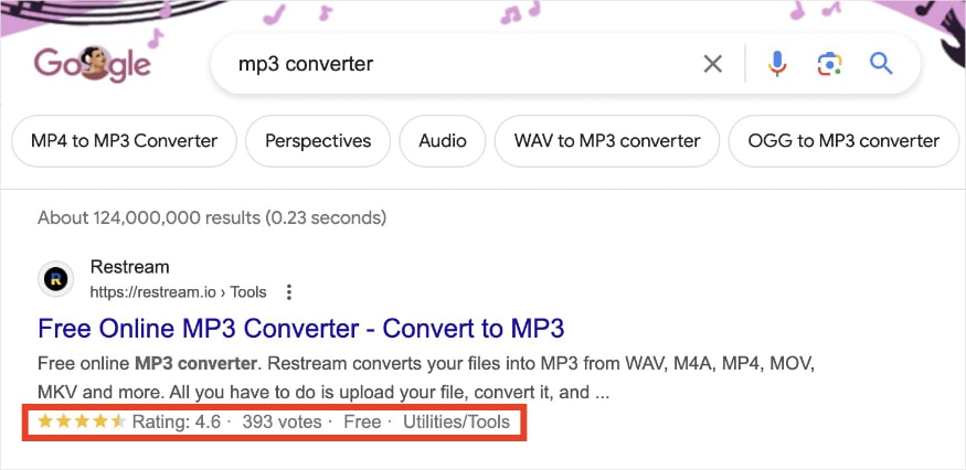 Product review snippet shows the star ratings and votes for an online mp3 converter.