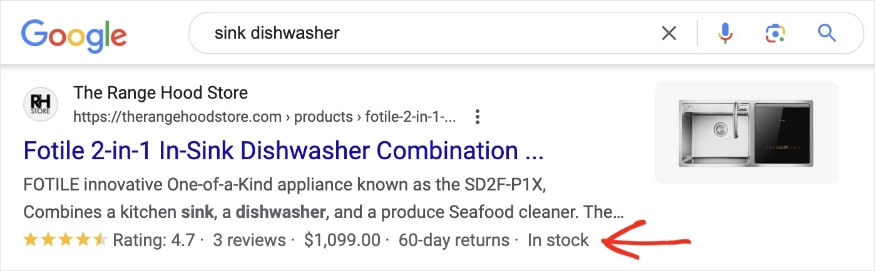 Google review snippet of the query sink dishwasher shows 4.7 star rating and 3 reviews.