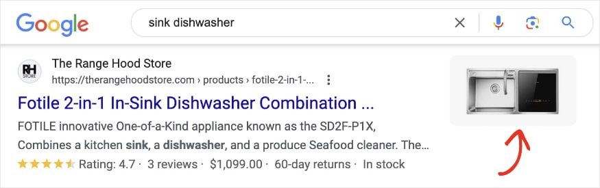 Google search result for the query sink dishwasher shows an image of the product.