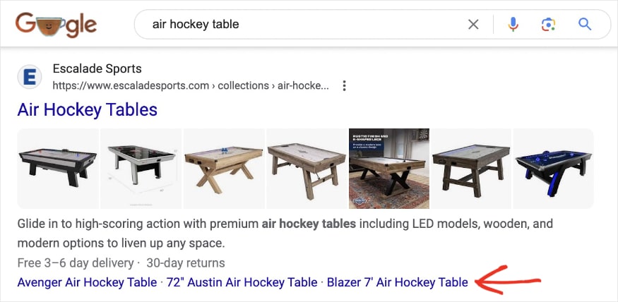 Sitelink snippet on Google shows air hockey table links.
